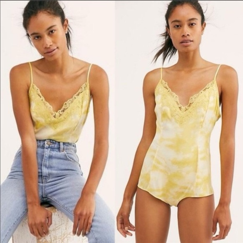 Free People Luella Yellow Lace-Trim Satin Cami Bodysuit NWT